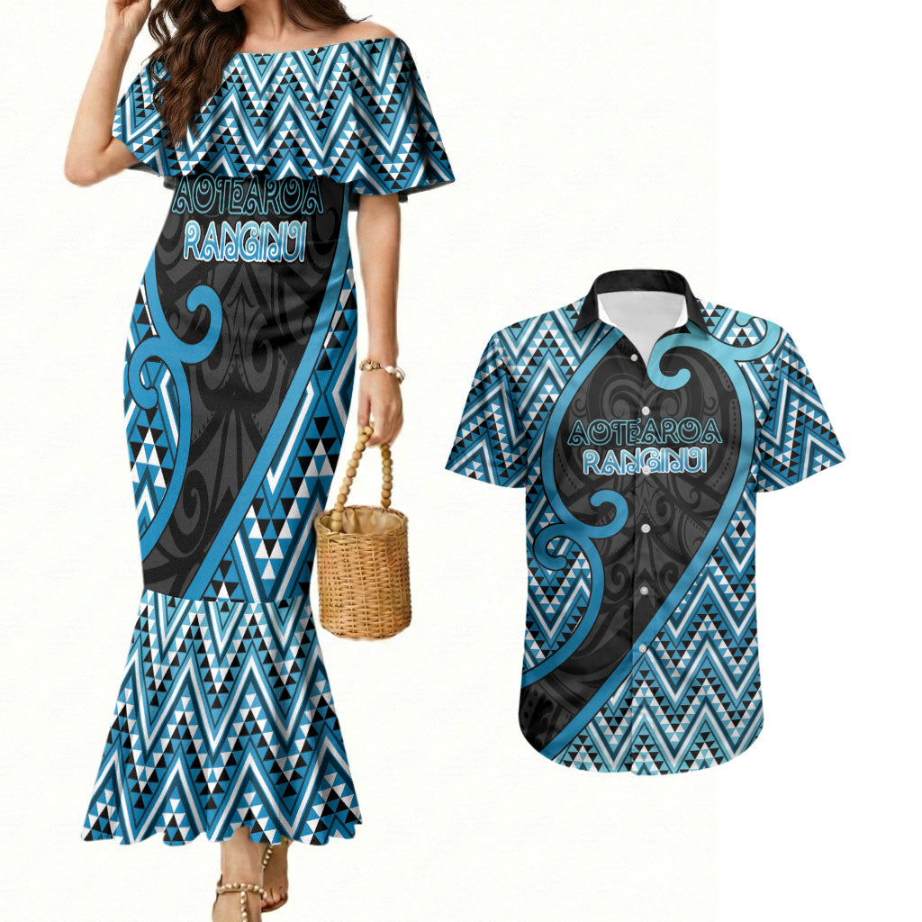 Custom Aotearoa Atua Ranginui Couples Matching Mermaid Dress and Hawaiian Shirt Maori Sky Father Koru Patterns DT05 Blue - Polynesian Pride