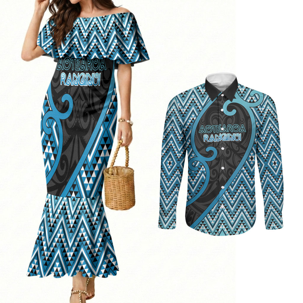 Custom Aotearoa Atua Ranginui Couples Matching Mermaid Dress and Long Sleeve Button Shirt Maori Sky Father Koru Patterns