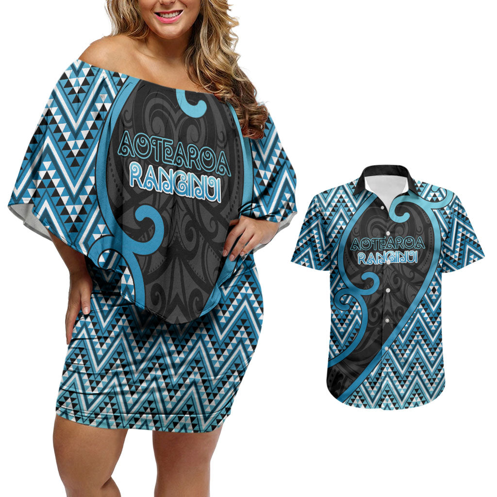 Custom Aotearoa Atua Ranginui Couples Matching Off Shoulder Short Dress and Hawaiian Shirt Maori Sky Father Koru Patterns