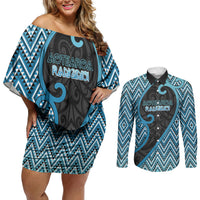 Custom Aotearoa Atua Ranginui Couples Matching Off Shoulder Short Dress and Long Sleeve Button Shirt Maori Sky Father Koru Patterns