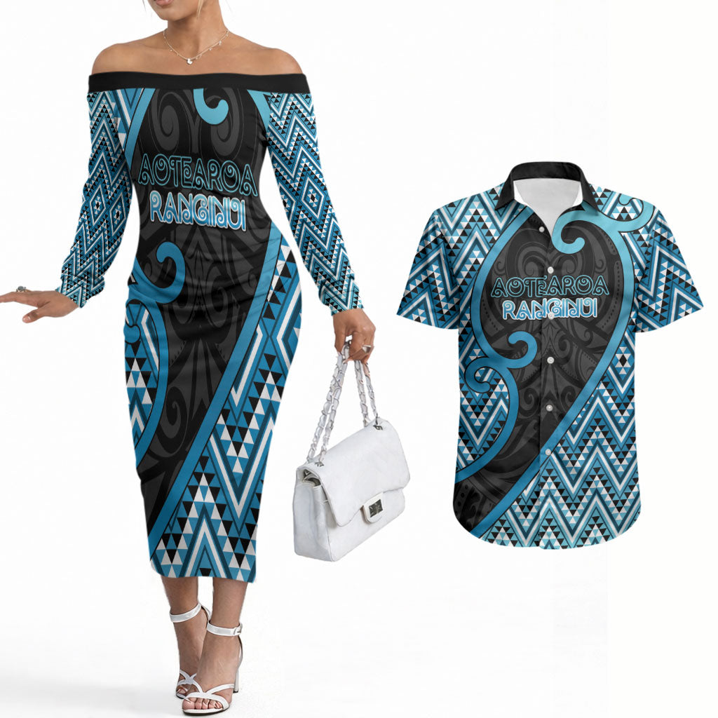 Custom Aotearoa Atua Ranginui Couples Matching Off The Shoulder Long Sleeve Dress and Hawaiian Shirt Maori Sky Father Koru Patterns