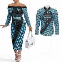 Custom Aotearoa Atua Ranginui Couples Matching Off The Shoulder Long Sleeve Dress and Long Sleeve Button Shirt Maori Sky Father Koru Patterns