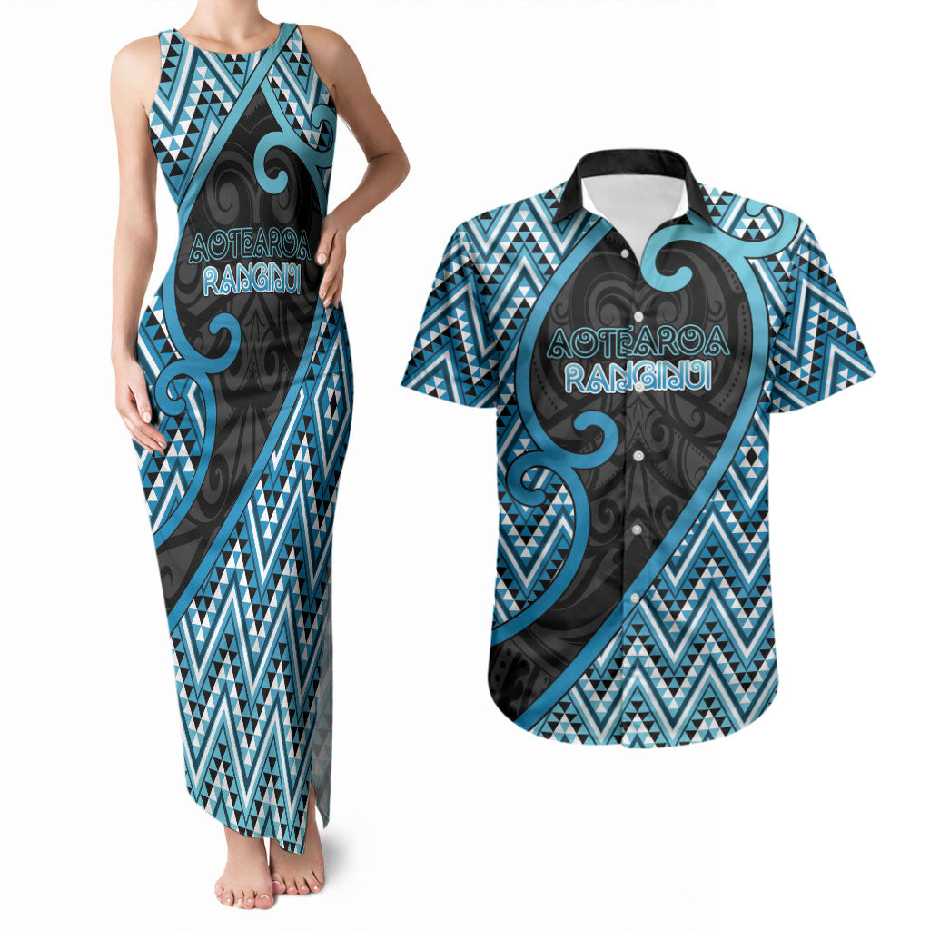 Custom Aotearoa Atua Ranginui Couples Matching Tank Maxi Dress and Hawaiian Shirt Maori Sky Father Koru Patterns