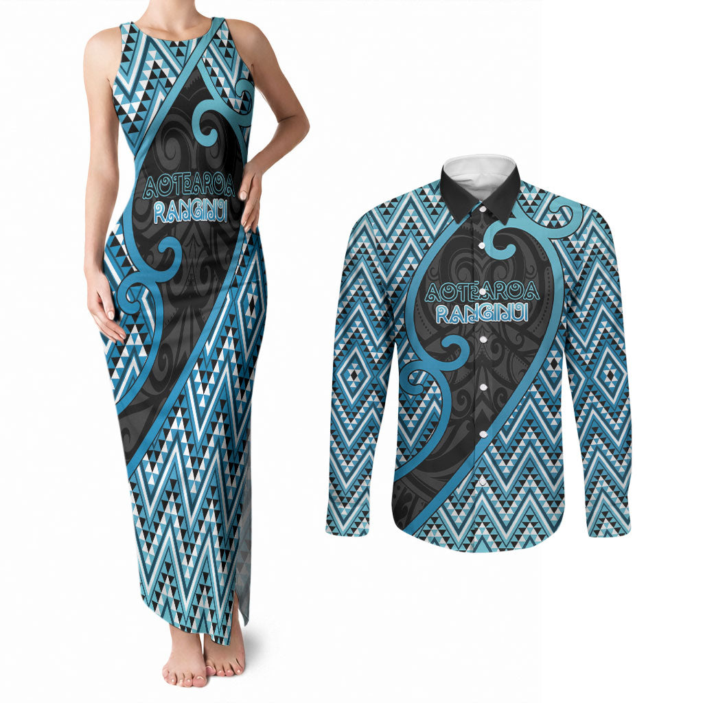 Custom Aotearoa Atua Ranginui Couples Matching Tank Maxi Dress and Long Sleeve Button Shirt Maori Sky Father Koru Patterns