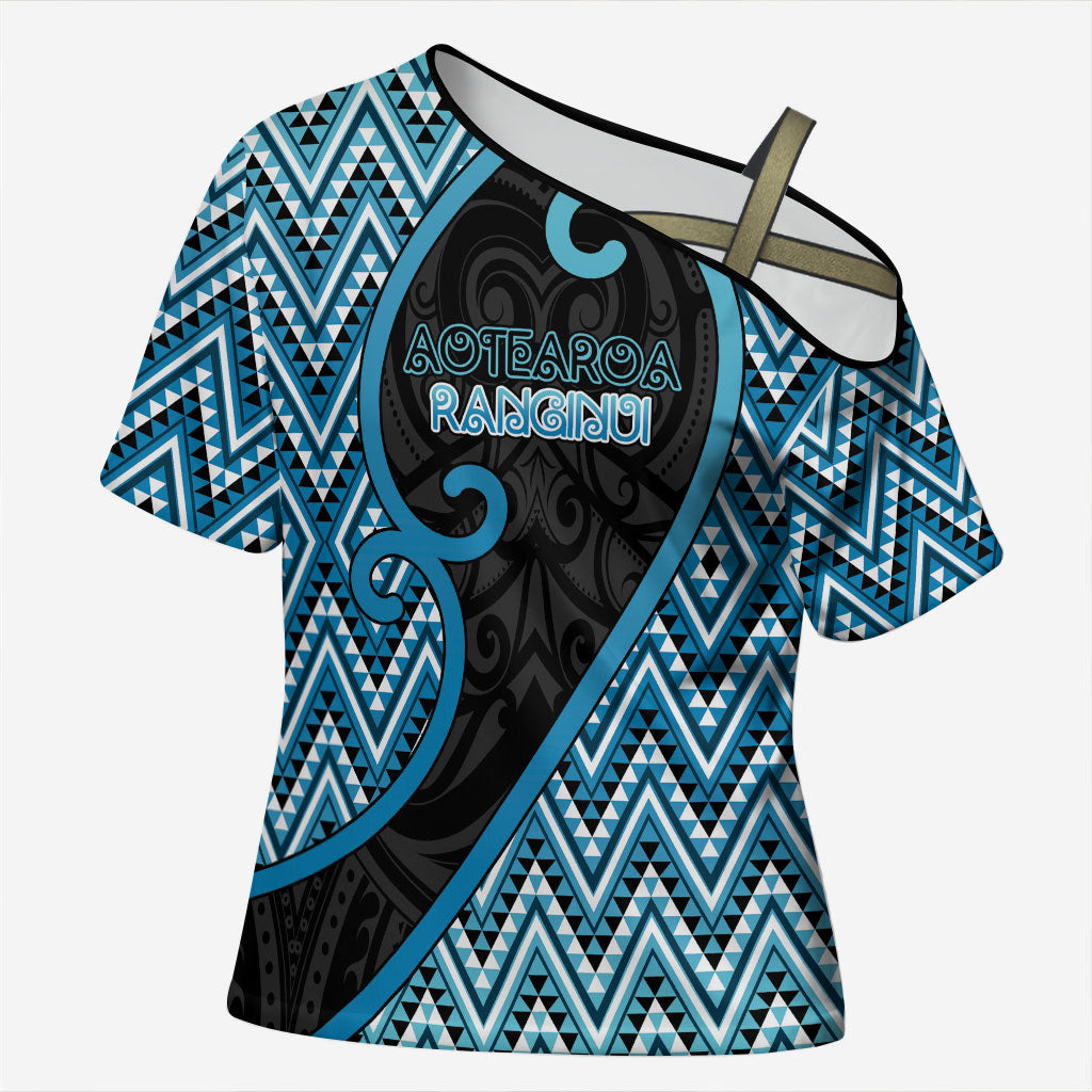 Custom Aotearoa Atua Ranginui Cross Shoulder Shirt Maori Sky Father Koru Patterns