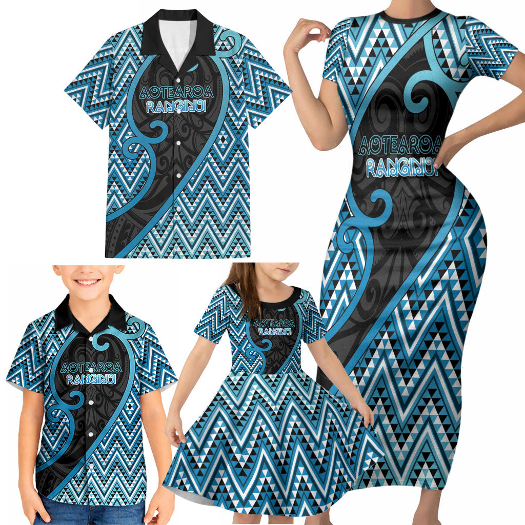 Custom Aotearoa Atua Ranginui Family Matching Short Sleeve Bodycon Dress and Hawaiian Shirt Maori Sky Father Koru Patterns
