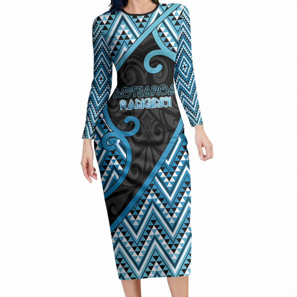 Custom Aotearoa Atua Ranginui Long Sleeve Bodycon Dress Maori Sky Father Koru Patterns DT05 Long Dress Blue - Polynesian Pride