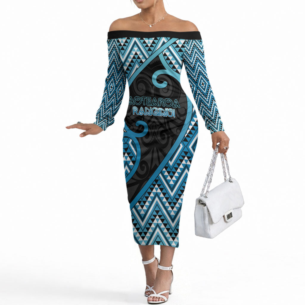 Custom Aotearoa Atua Ranginui Off The Shoulder Long Sleeve Dress Maori Sky Father Koru Patterns