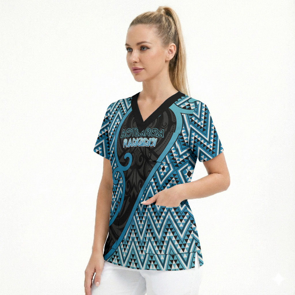 Custom Aotearoa Atua Ranginui Scrub Top Maori Sky Father Koru Patterns