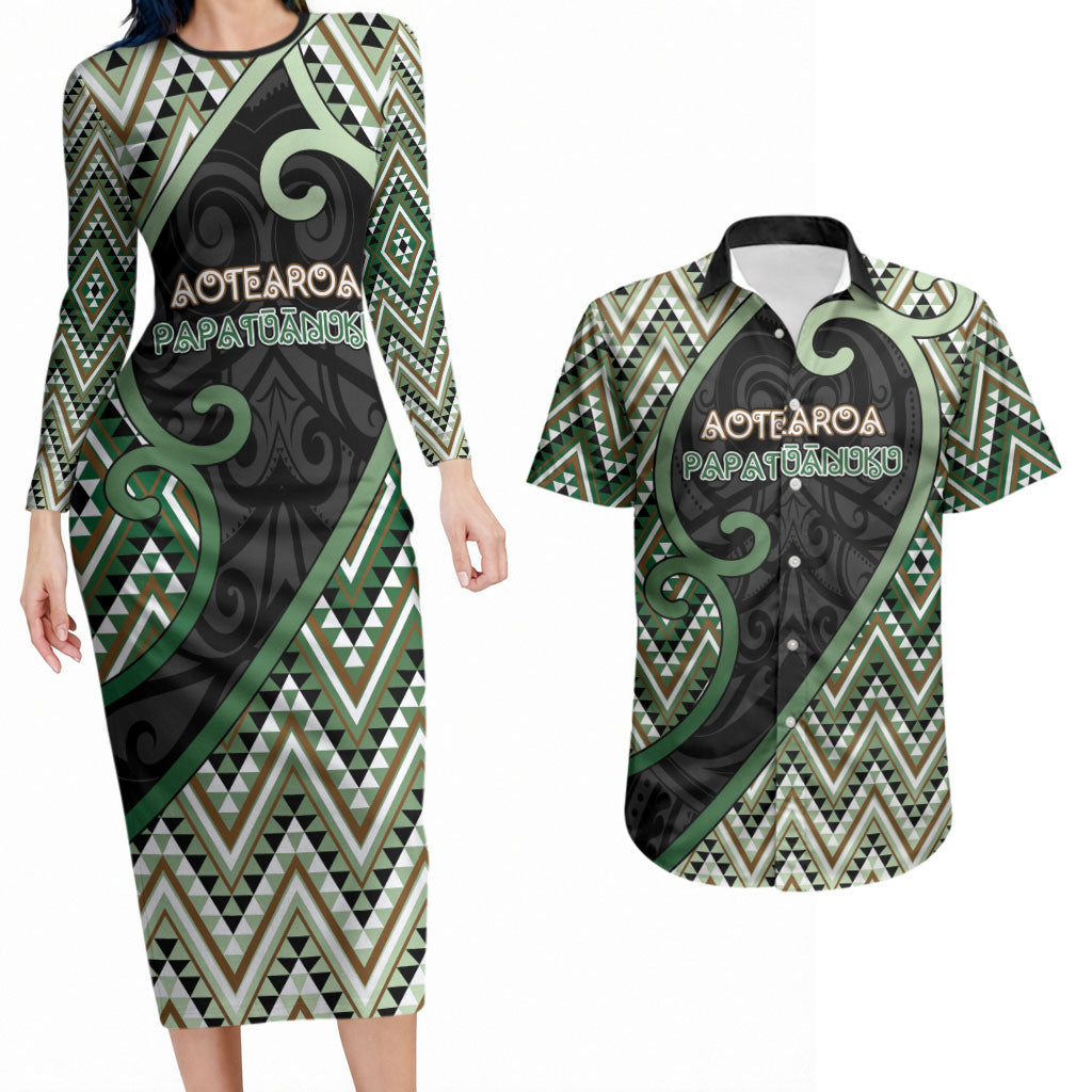 Custom Aotearoa Atua Papatuanuku Couples Matching Long Sleeve Bodycon Dress and Hawaiian Shirt Earth Mother Father Koru Patterns