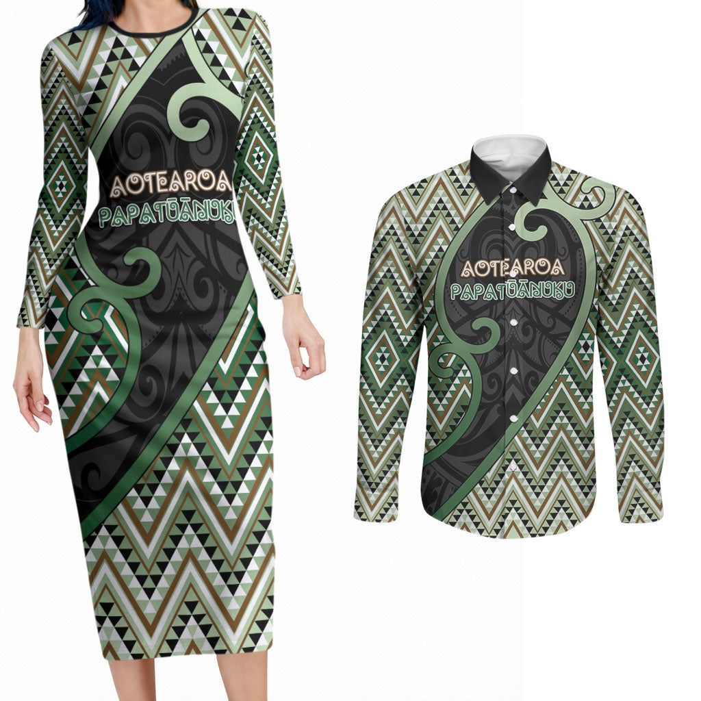 Custom Aotearoa Atua Papatuanuku Couples Matching Long Sleeve Bodycon Dress and Long Sleeve Button Shirt Earth Mother Father Koru Patterns