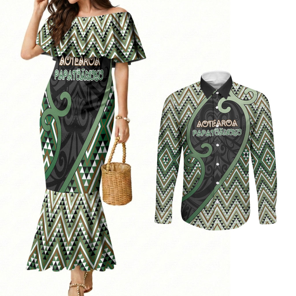 Custom Aotearoa Atua Papatuanuku Couples Matching Mermaid Dress and Long Sleeve Button Shirt Earth Mother Father Koru Patterns