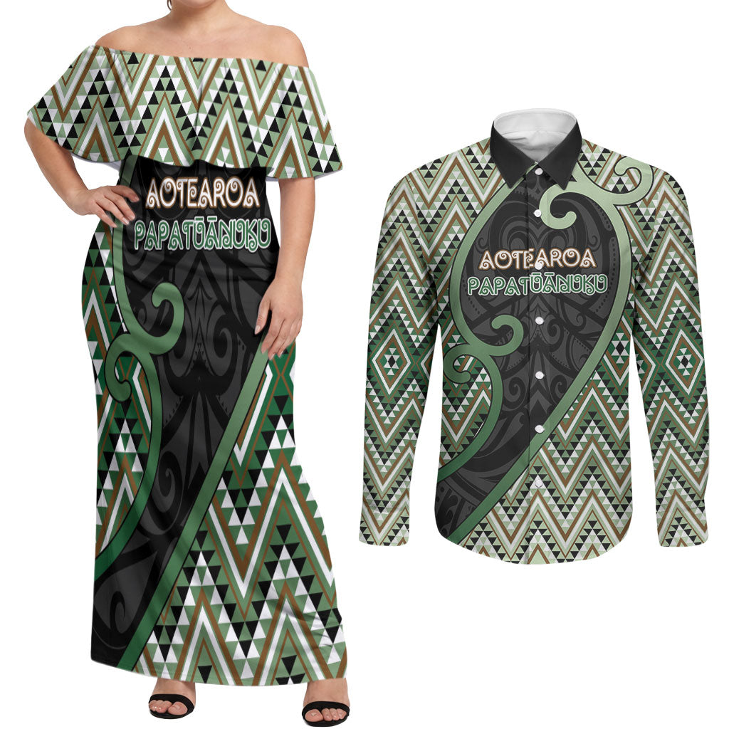 Custom Aotearoa Atua Papatuanuku Couples Matching Off Shoulder Maxi Dress and Long Sleeve Button Shirt Earth Mother Father Koru Patterns