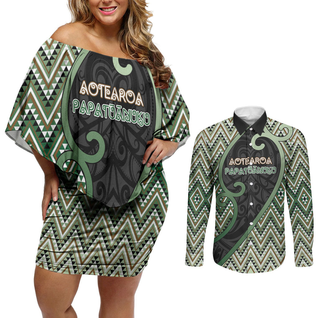 Custom Aotearoa Atua Papatuanuku Couples Matching Off Shoulder Short Dress and Long Sleeve Button Shirt Earth Mother Father Koru Patterns