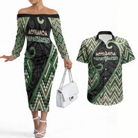 Custom Aotearoa Atua Papatuanuku Couples Matching Off The Shoulder Long Sleeve Dress and Hawaiian Shirt Earth Mother Father Koru Patterns