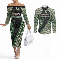 Custom Aotearoa Atua Papatuanuku Couples Matching Off The Shoulder Long Sleeve Dress and Long Sleeve Button Shirt Earth Mother Father Koru Patterns