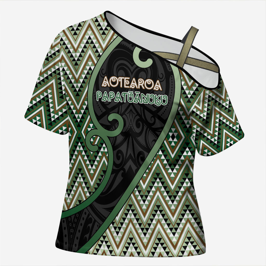 Custom Aotearoa Atua Papatuanuku Cross Shoulder Shirt Earth Mother Father Koru Patterns DT05 Female Green - Polynesian Pride