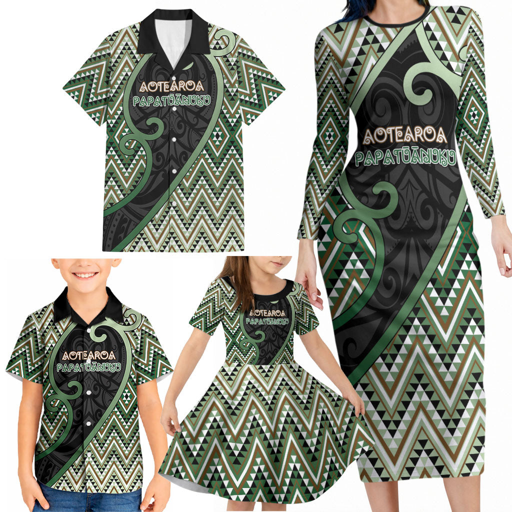 Custom Aotearoa Atua Papatuanuku Family Matching Long Sleeve Bodycon Dress and Hawaiian Shirt Earth Mother Father Koru Patterns