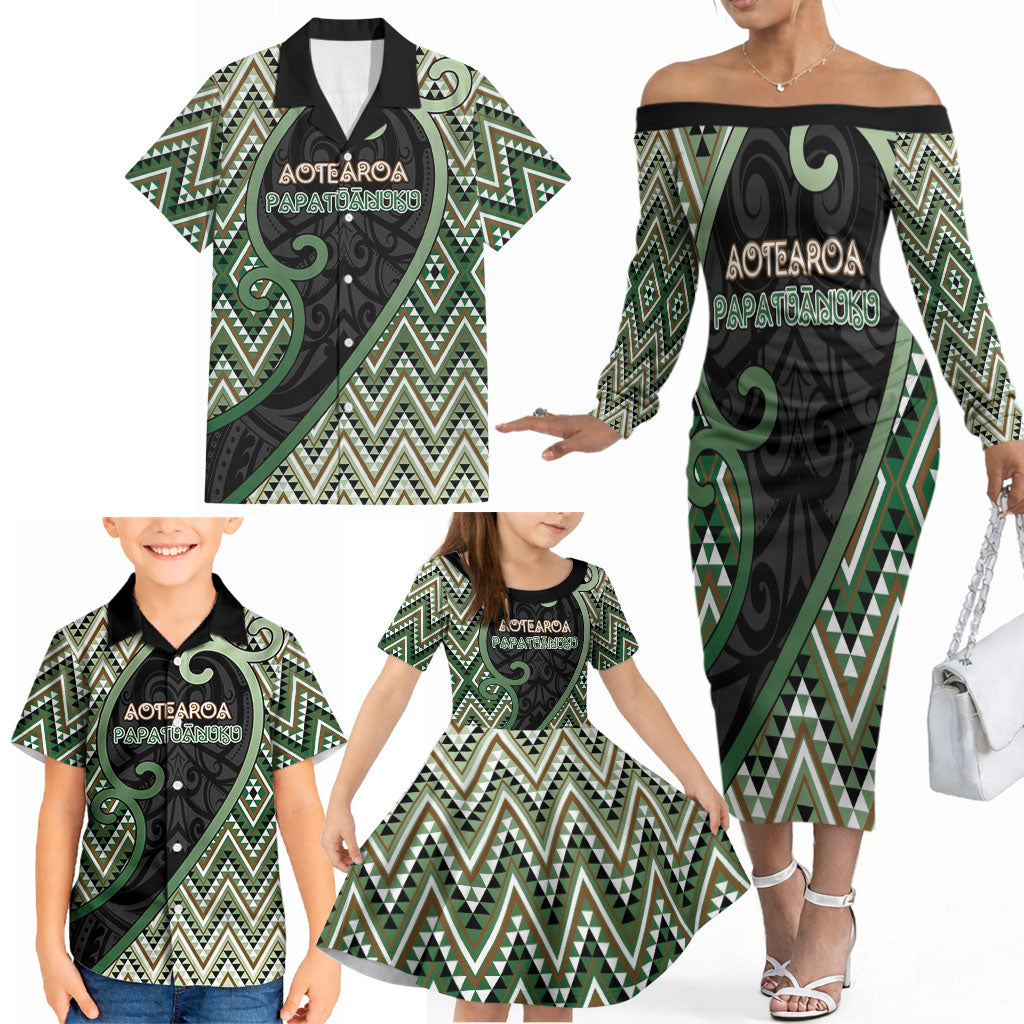 Custom Aotearoa Atua Papatuanuku Family Matching Off The Shoulder Long Sleeve Dress and Hawaiian Shirt Earth Mother Father Koru Patterns