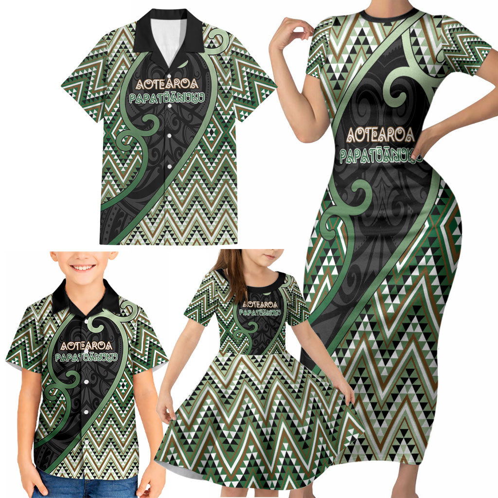 Custom Aotearoa Atua Papatuanuku Family Matching Short Sleeve Bodycon Dress and Hawaiian Shirt Earth Mother Father Koru Patterns