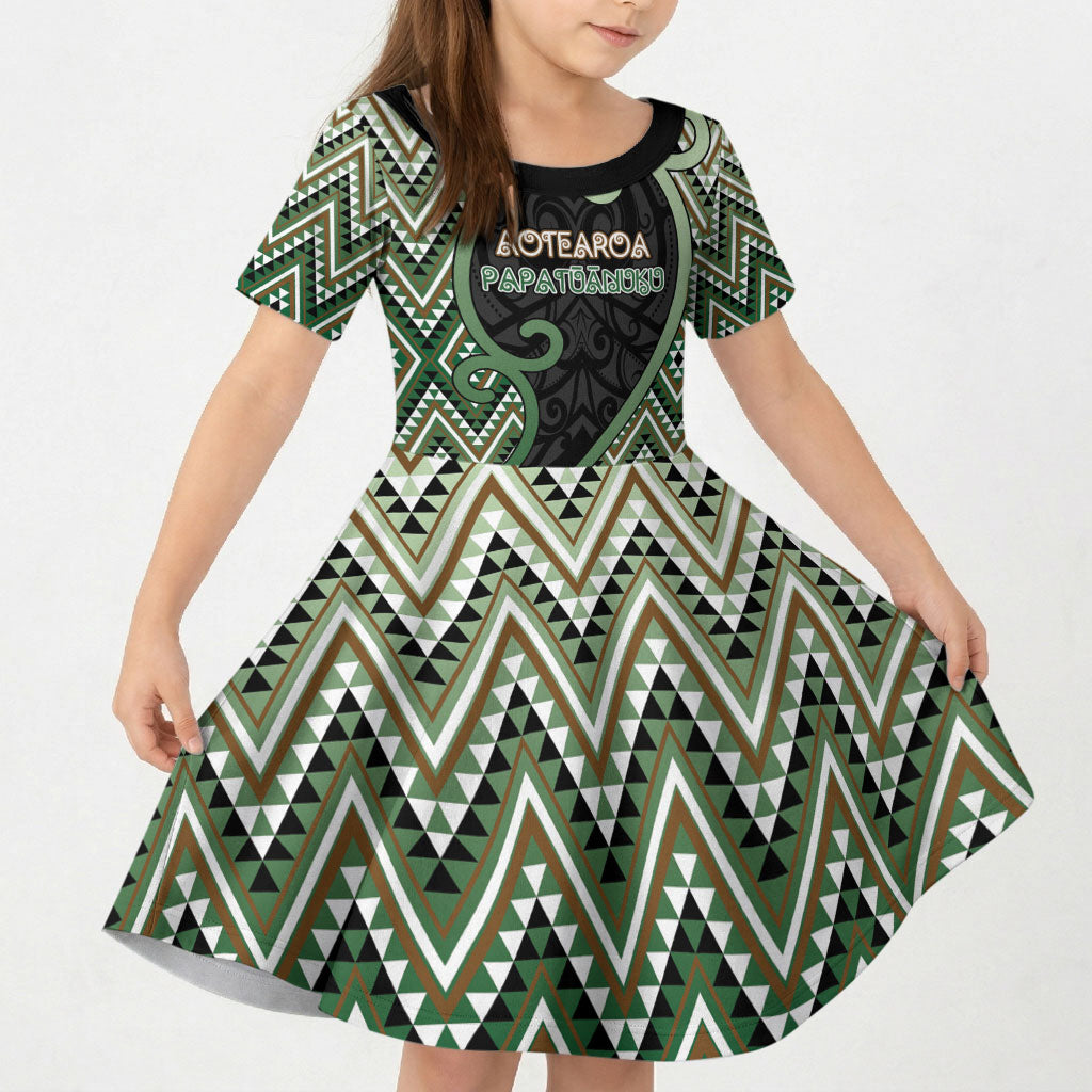 Custom Aotearoa Atua Papatuanuku Kid Short Sleeve Dress Earth Mother Father Koru Patterns