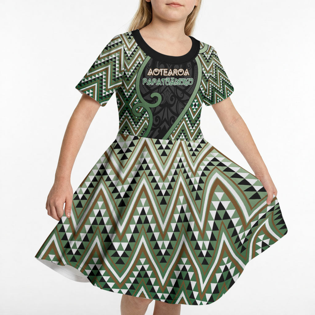 Custom Aotearoa Atua Papatuanuku Kid Short Sleeve Dress Earth Mother Father Koru Patterns