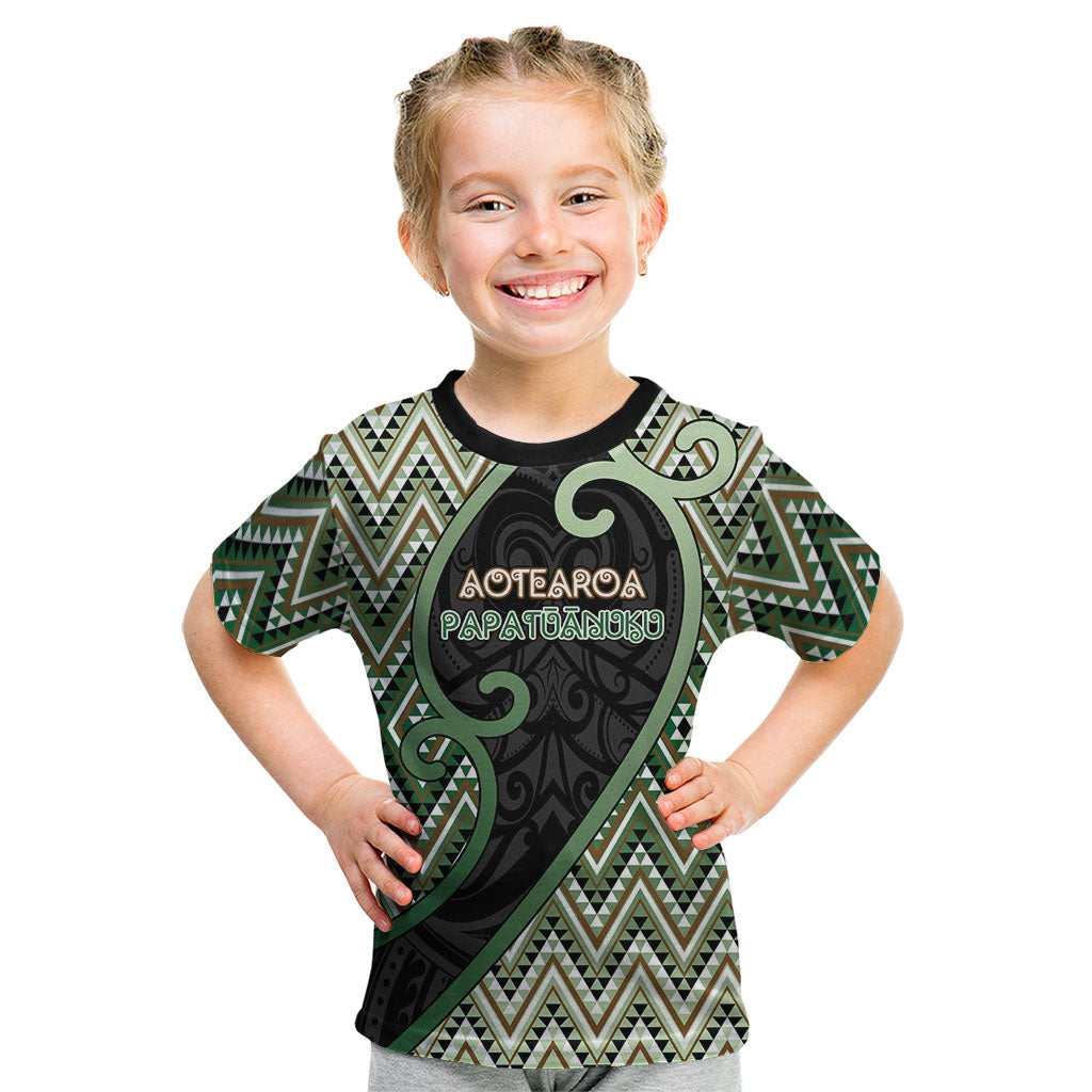 Custom Aotearoa Atua Papatuanuku Kid T Shirt Earth Mother Father Koru Patterns DT05 Green - Polynesian Pride