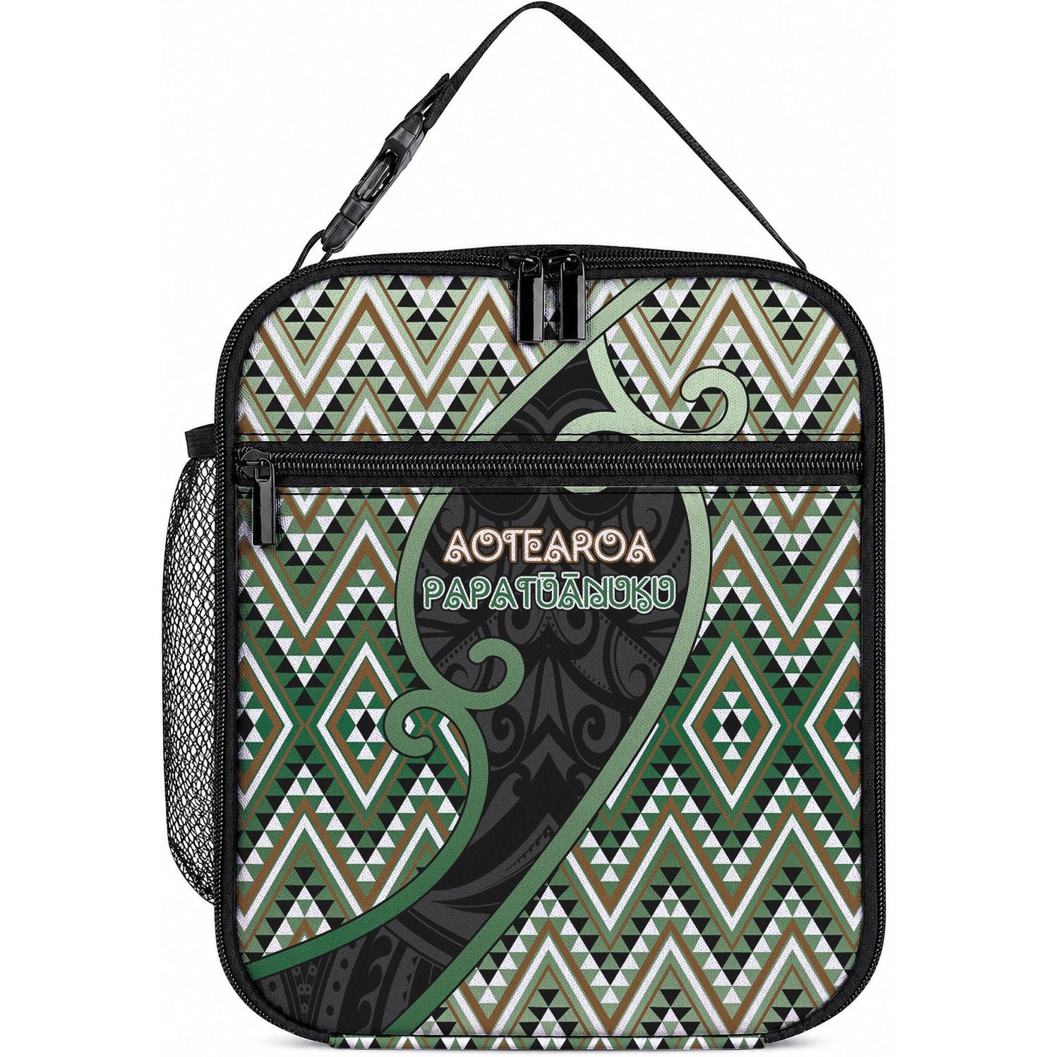 Aotearoa Atua Papatuanuku Lunch Bag Earth Mother Father Koru Patterns DT05 10.2 × 8.3 × 4.3 inch Green - Polynesian Pride