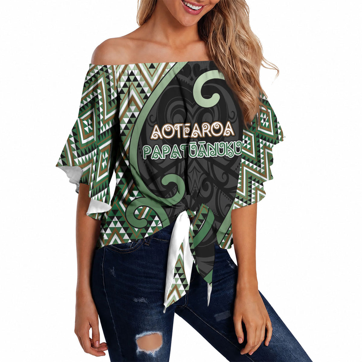 Custom Aotearoa Atua Papatuanuku Off Shoulder Wrap Waist Top Earth Mother Father Koru Patterns