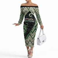Custom Aotearoa Atua Papatuanuku Off The Shoulder Long Sleeve Dress Earth Mother Father Koru Patterns