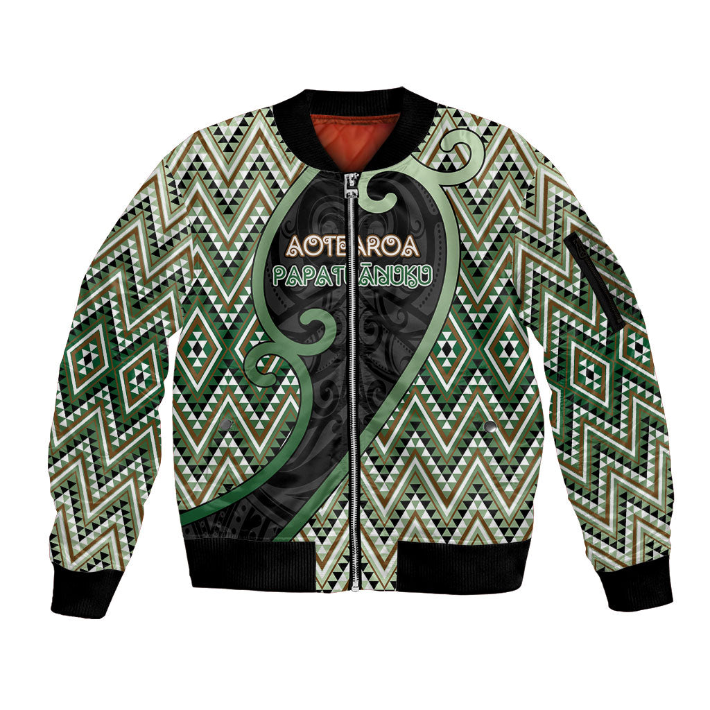Custom Aotearoa Atua Papatuanuku Sleeve Zip Bomber Jacket Earth Mother Father Koru Patterns