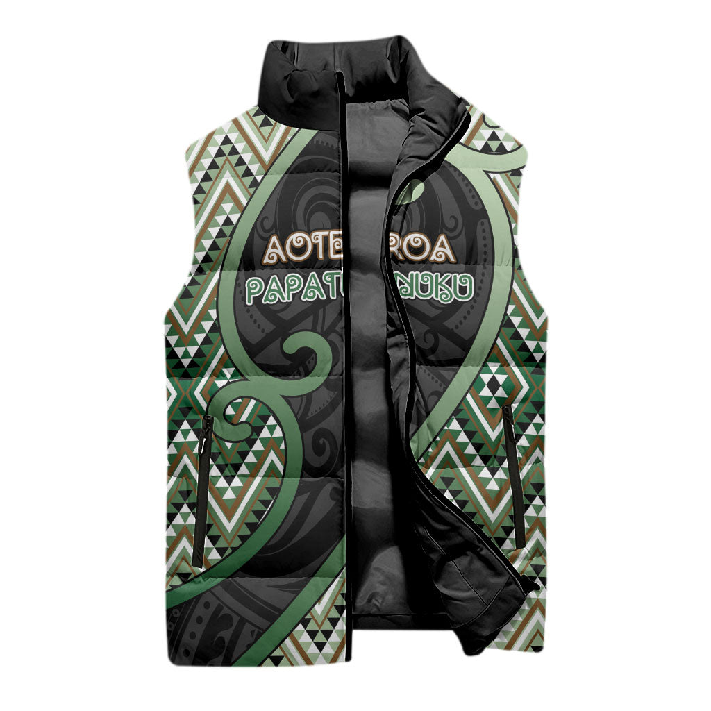 Custom Aotearoa Atua Papatuanuku Sleeveless Puffer Jacket Earth Mother Father Koru Patterns