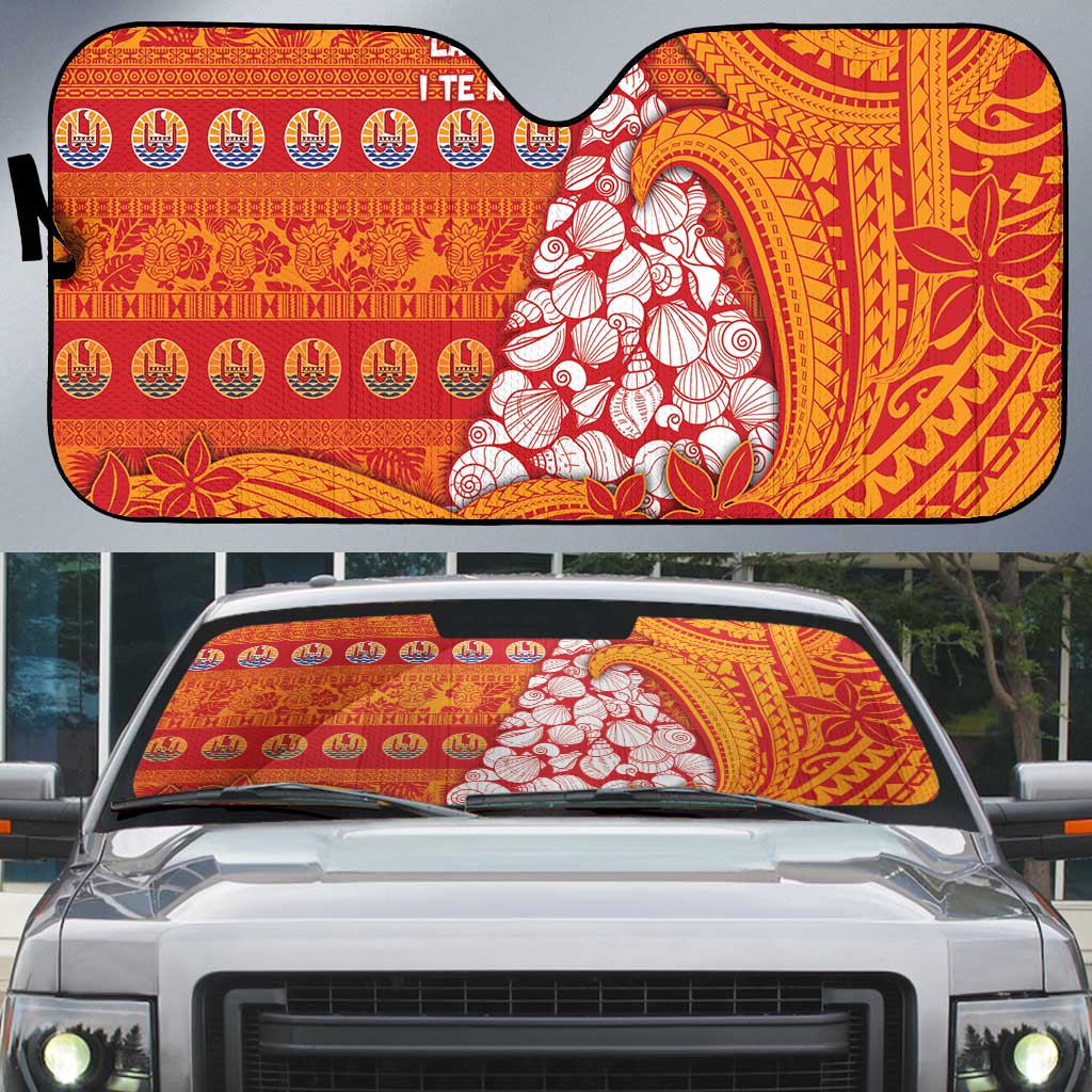 French Polynesia Christmas Auto Sun Shade Seashell Xmas Tree Tribal Waves - Polynesian Pride