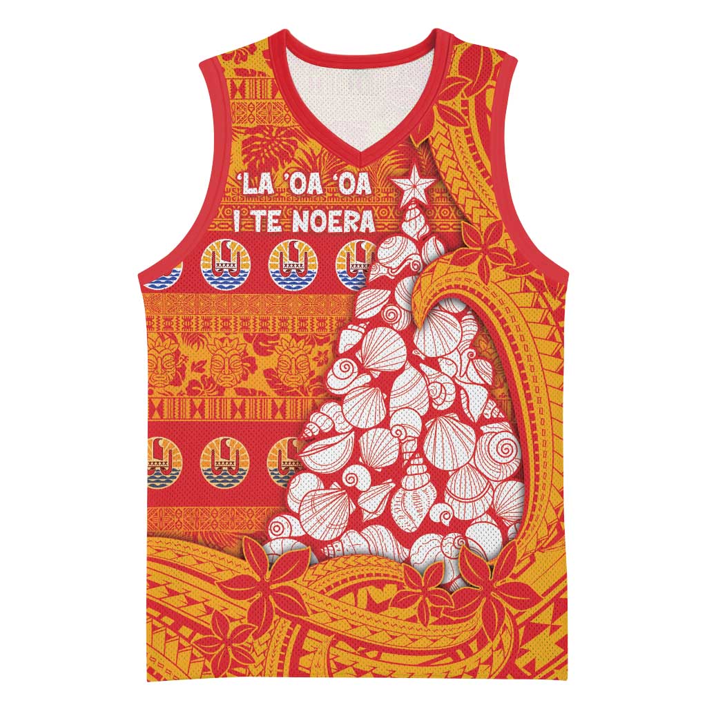 French Polynesia Christmas Basketball Jersey Seashell Xmas Tree Tribal Waves - Polynesian Pride