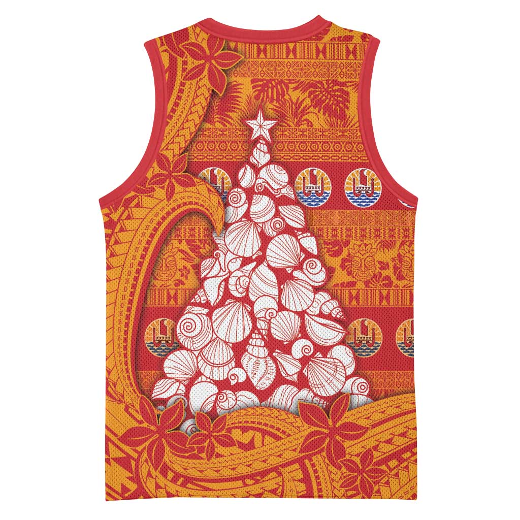 French Polynesia Christmas Basketball Jersey Seashell Xmas Tree Tribal Waves - Polynesian Pride