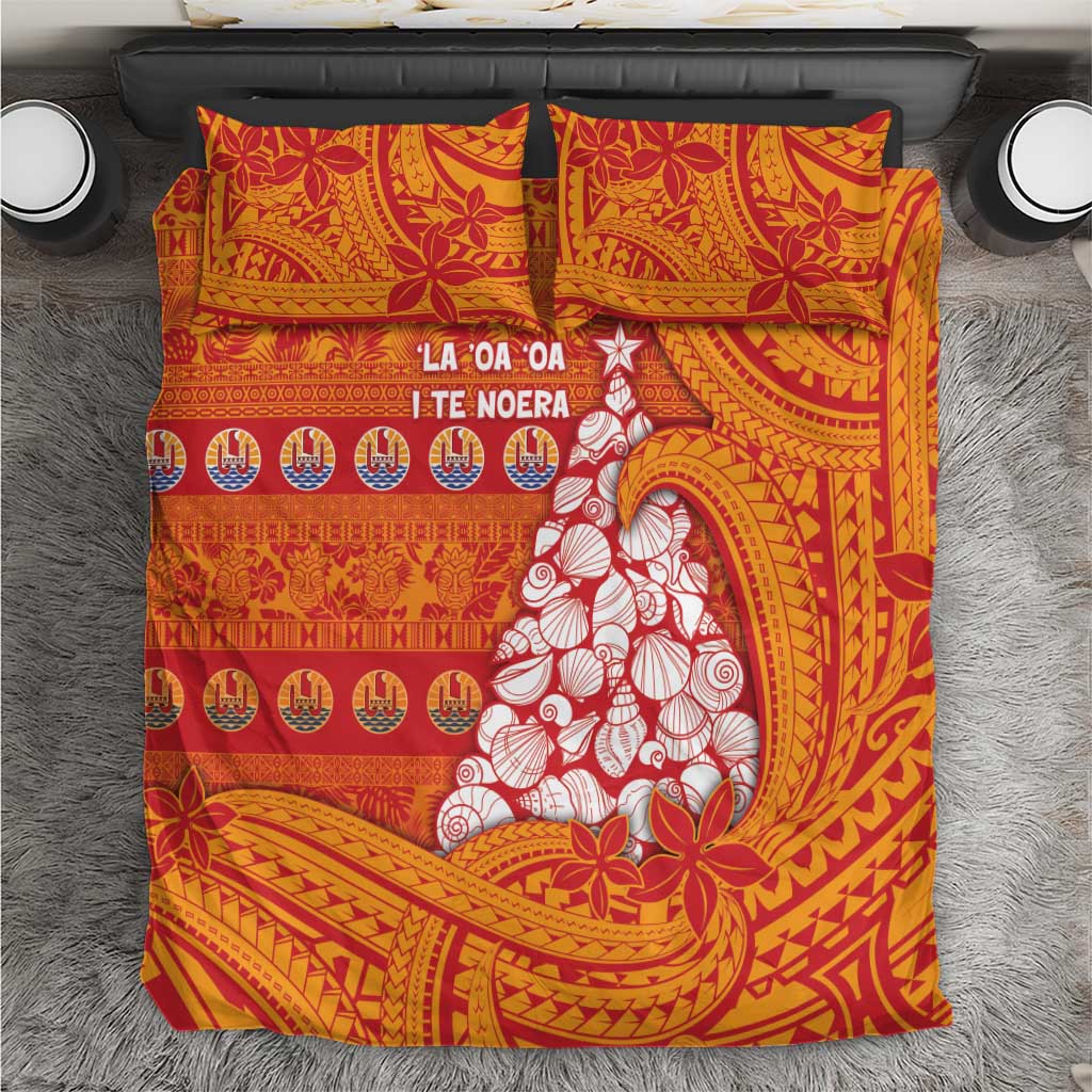 French Polynesia Christmas Bedding Set Seashell Xmas Tree Tribal Waves - Polynesian Pride