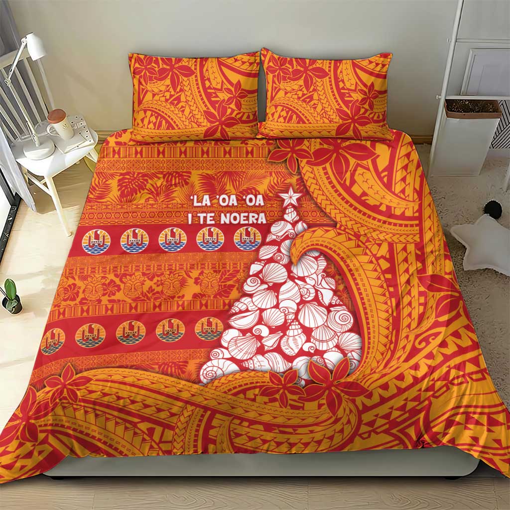 French Polynesia Christmas Bedding Set Seashell Xmas Tree Tribal Waves - Polynesian Pride