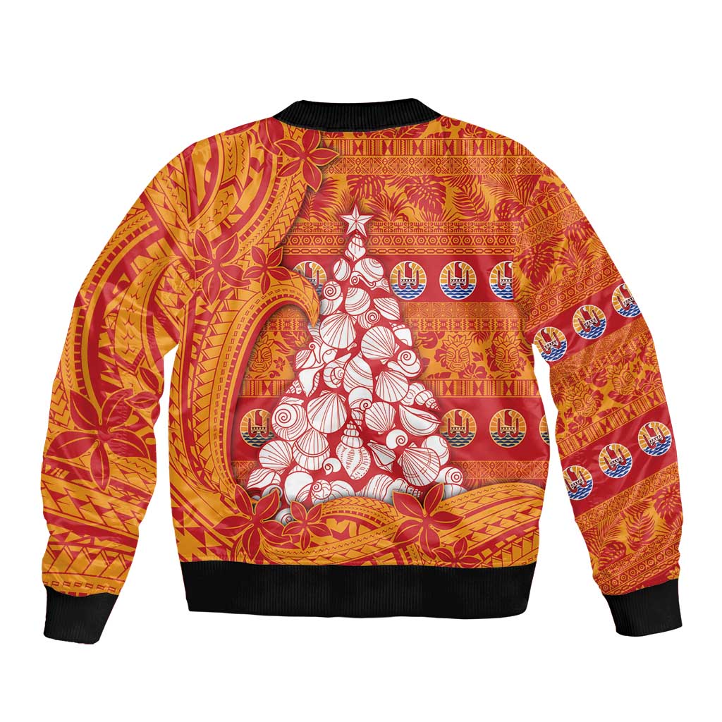 French Polynesia Christmas Bomber Jacket Seashell Xmas Tree Tribal Waves - Polynesian Pride