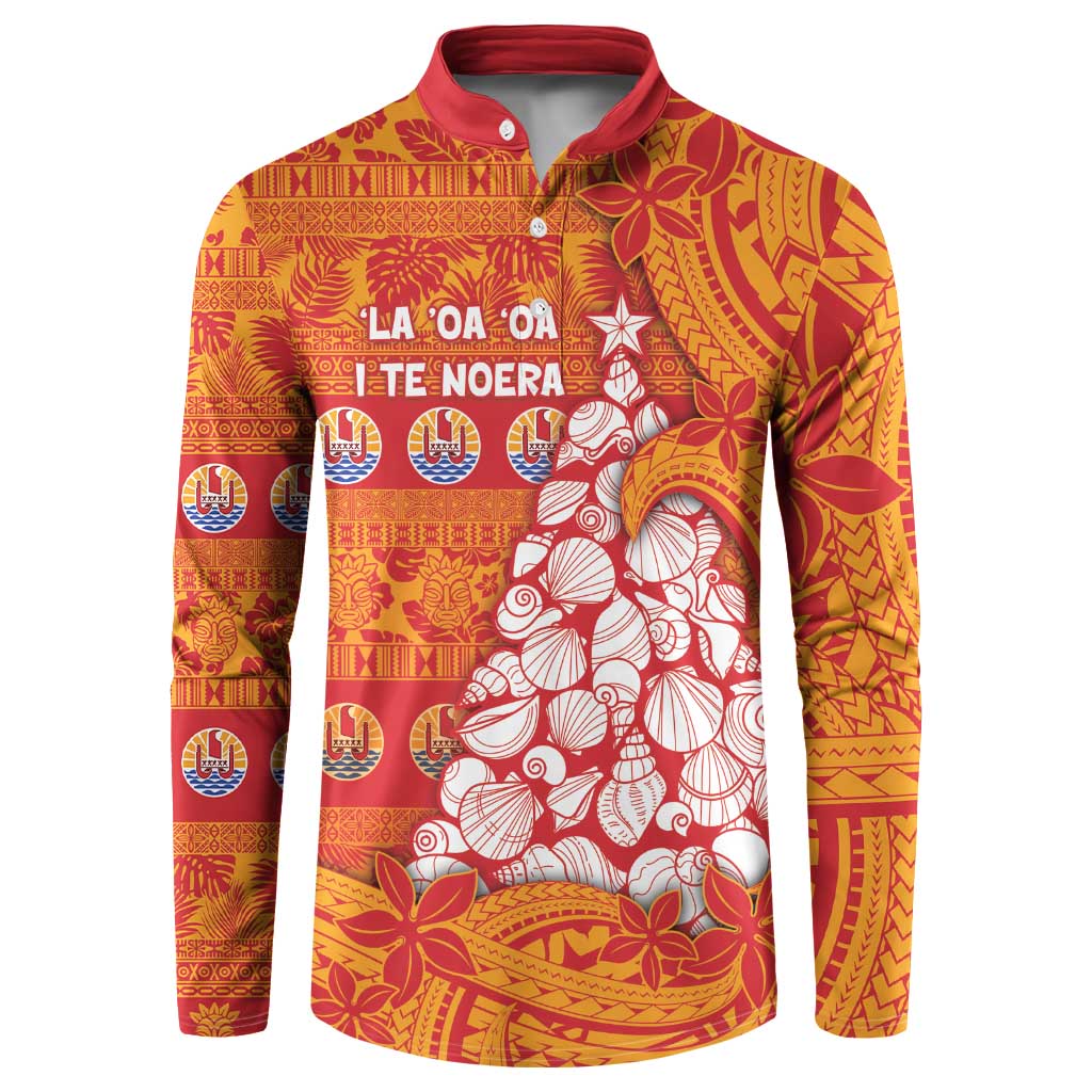 French Polynesia Christmas Button Sweatshirt Seashell Xmas Tree Tribal Waves - Polynesian Pride