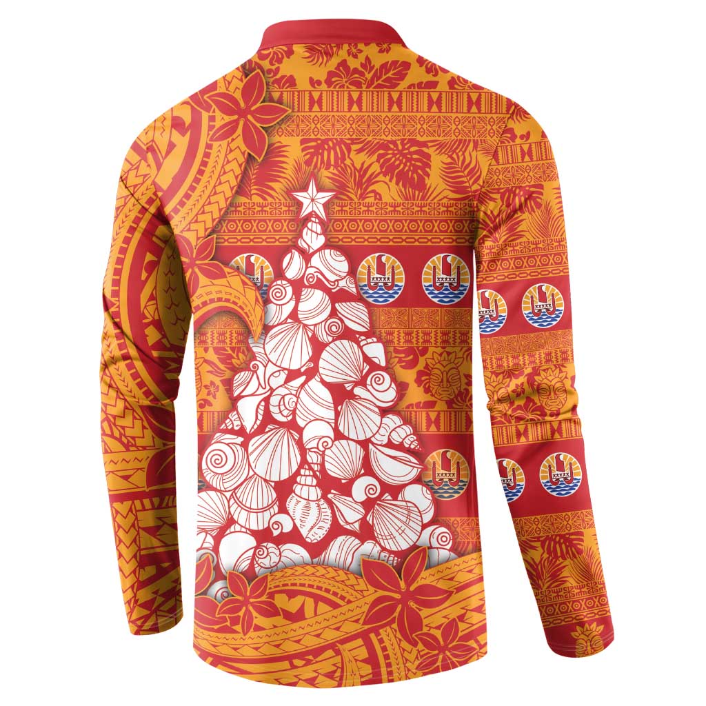 French Polynesia Christmas Button Sweatshirt Seashell Xmas Tree Tribal Waves - Polynesian Pride