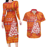 French Polynesia Christmas Couples Matching Long Sleeve Bodycon Dress and Hawaiian Shirt Seashell Xmas Tree Tribal Waves - Polynesian Pride