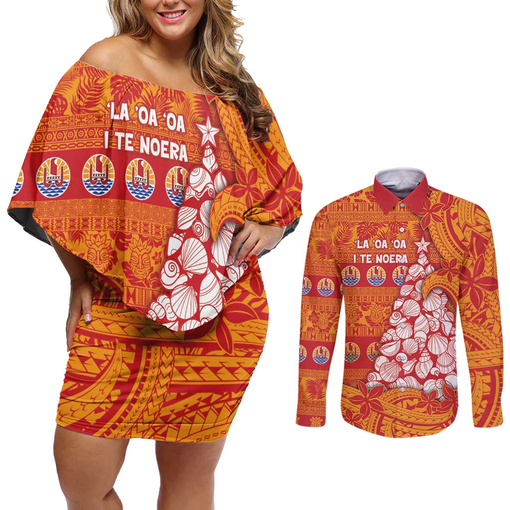 French Polynesia Christmas Couples Matching Off Shoulder Short Dress and Long Sleeve Button Shirt Seashell Xmas Tree Tribal Waves - Polynesian Pride