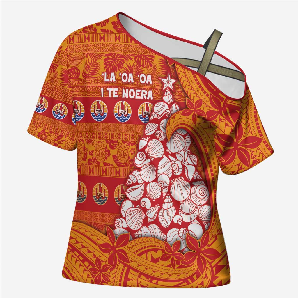 French Polynesia Christmas Cross Shoulder Shirt Seashell Xmas Tree Tribal Waves - Polynesian Pride