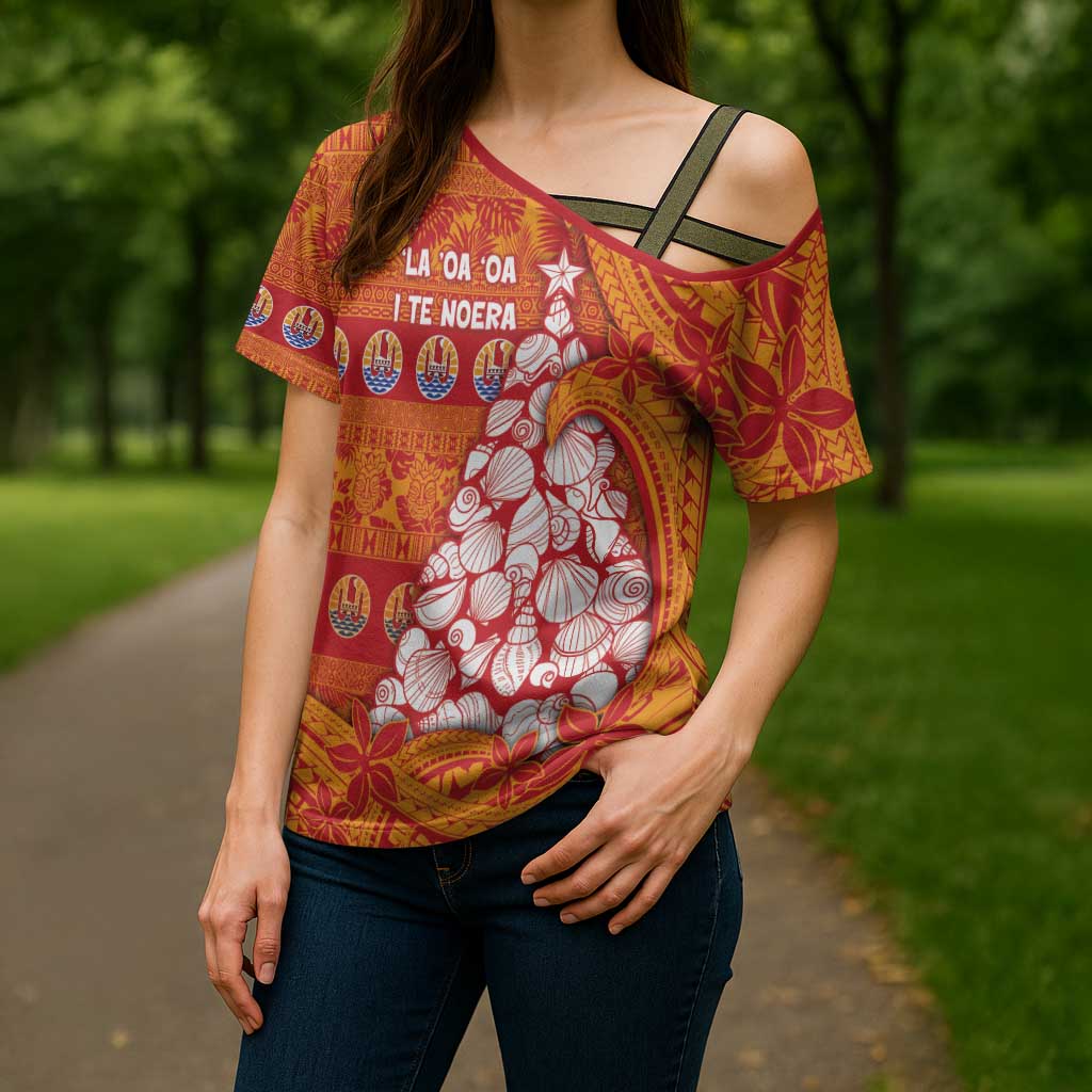 French Polynesia Christmas Cross Shoulder Shirt Seashell Xmas Tree Tribal Waves - Polynesian Pride