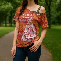 French Polynesia Christmas Cross Shoulder Shirt Seashell Xmas Tree Tribal Waves - Polynesian Pride