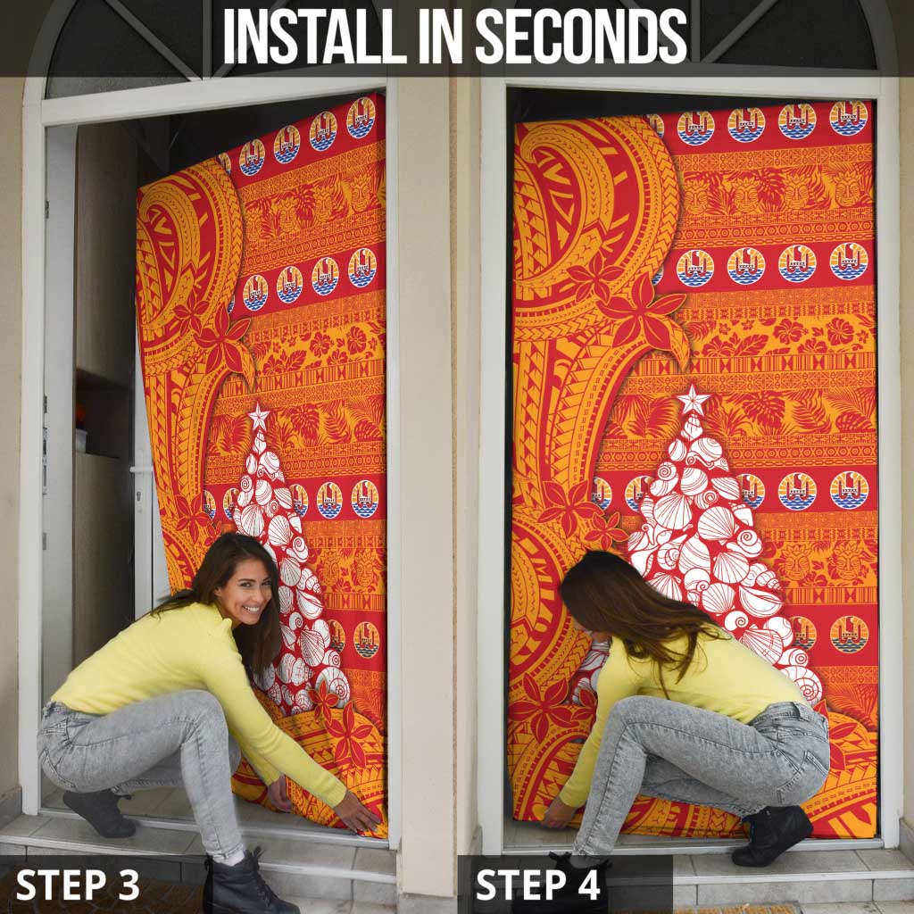 French Polynesia Christmas Door Cover Seashell Xmas Tree Tribal Waves - Polynesian Pride