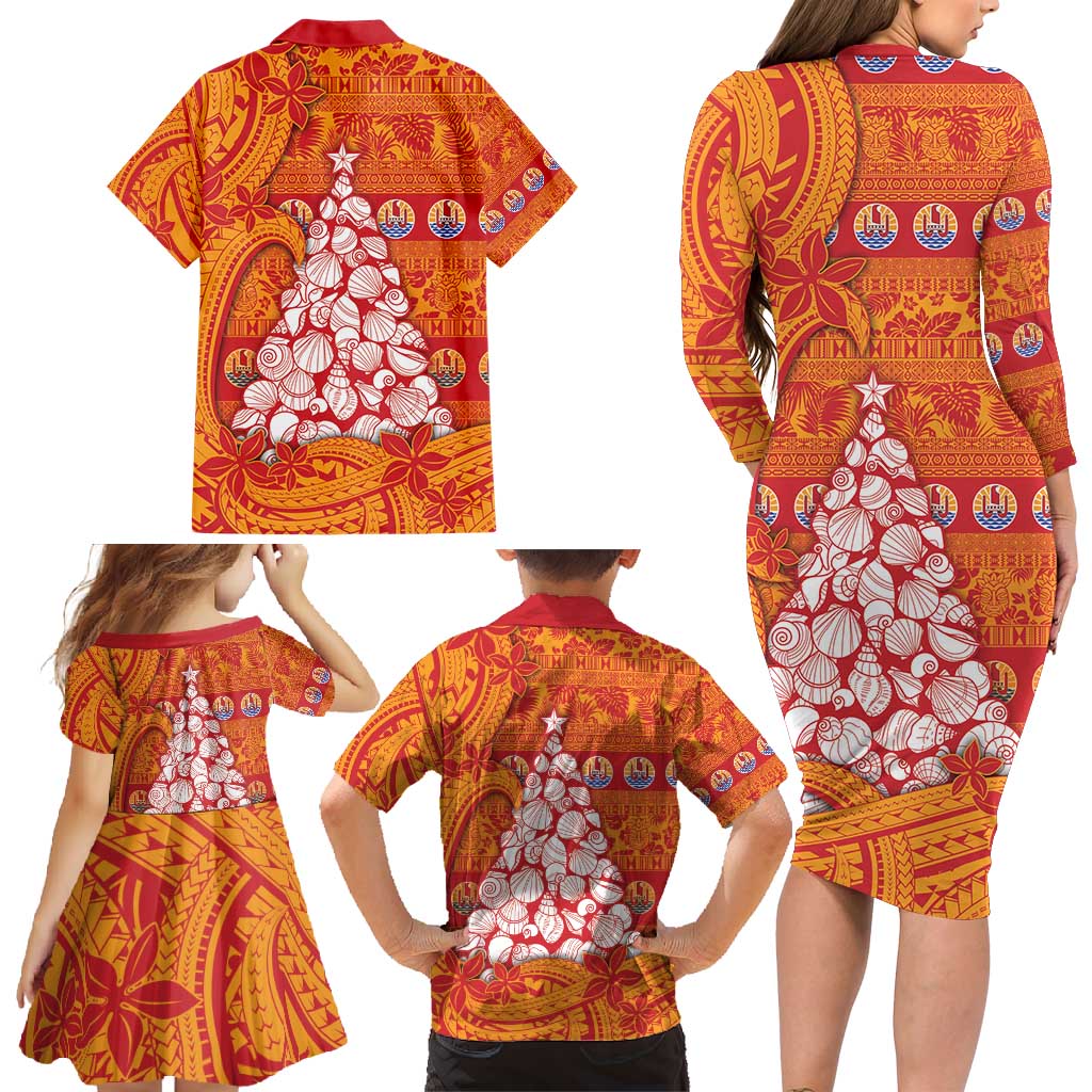 French Polynesia Christmas Family Matching Long Sleeve Bodycon Dress and Hawaiian Shirt Seashell Xmas Tree Tribal Waves - Polynesian Pride