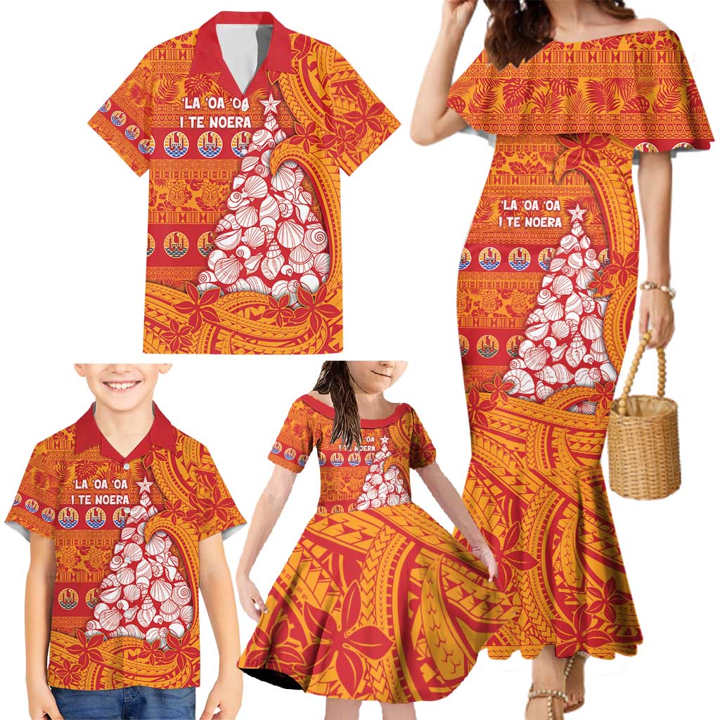 French Polynesia Christmas Family Matching Mermaid Dress and Hawaiian Shirt Seashell Xmas Tree Tribal Waves - Polynesian Pride