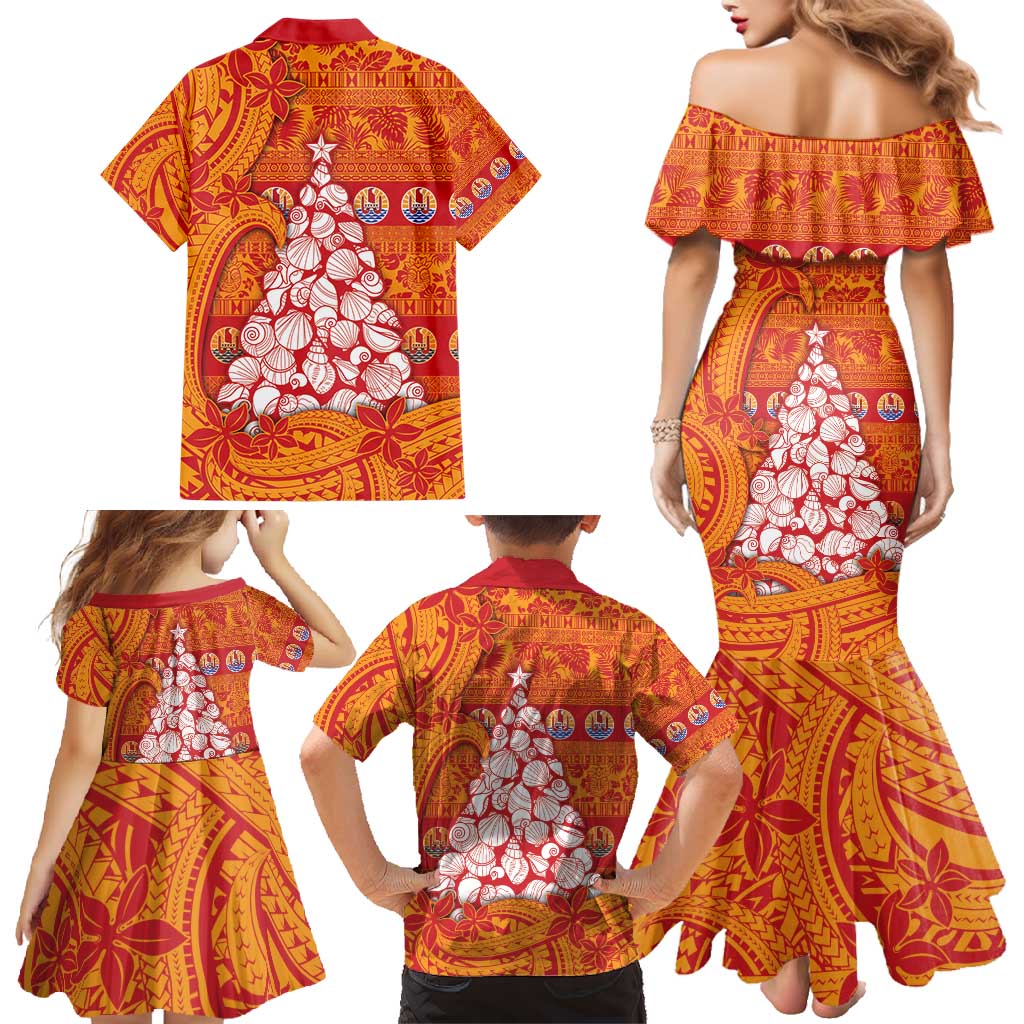 French Polynesia Christmas Family Matching Mermaid Dress and Hawaiian Shirt Seashell Xmas Tree Tribal Waves - Polynesian Pride