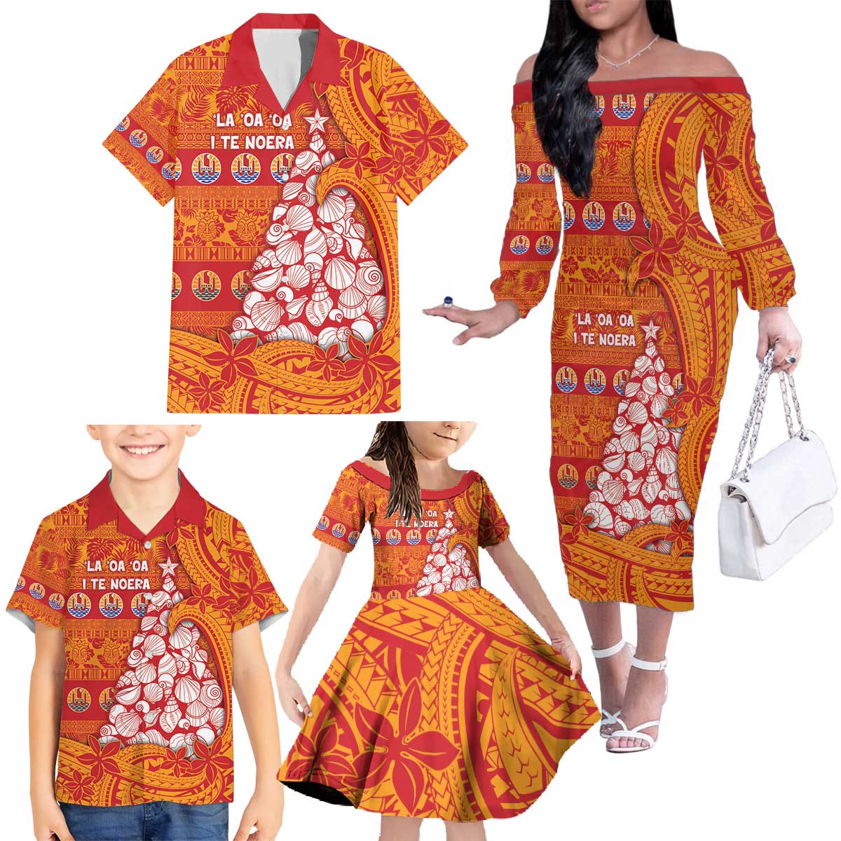 French Polynesia Christmas Family Matching Off The Shoulder Long Sleeve Dress and Hawaiian Shirt Seashell Xmas Tree Tribal Waves - Polynesian Pride